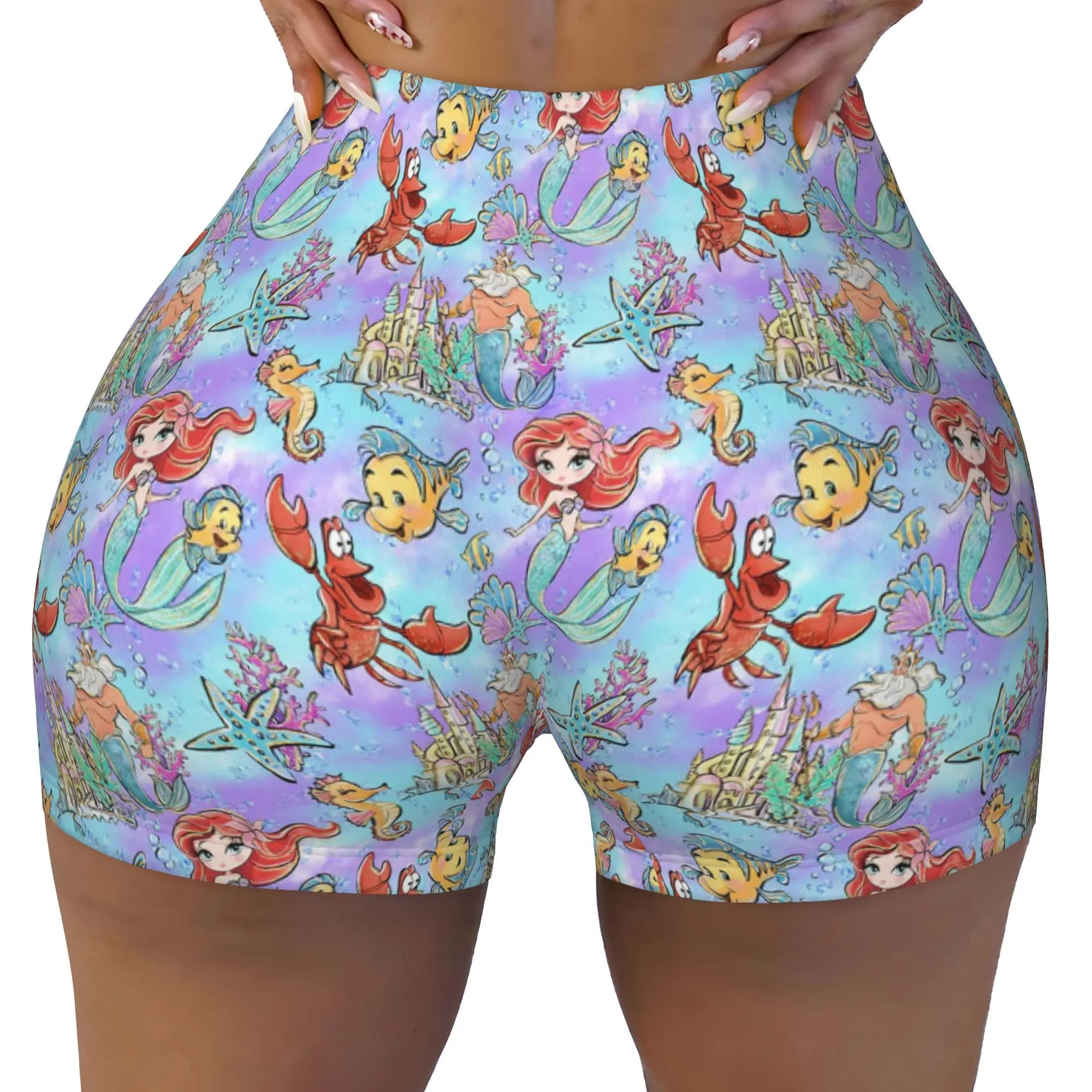 Custom Women's Littles Anime Mermaides Workout Yoga Shorts Fish Manga Athletic Gym Running Volleyball Shorts