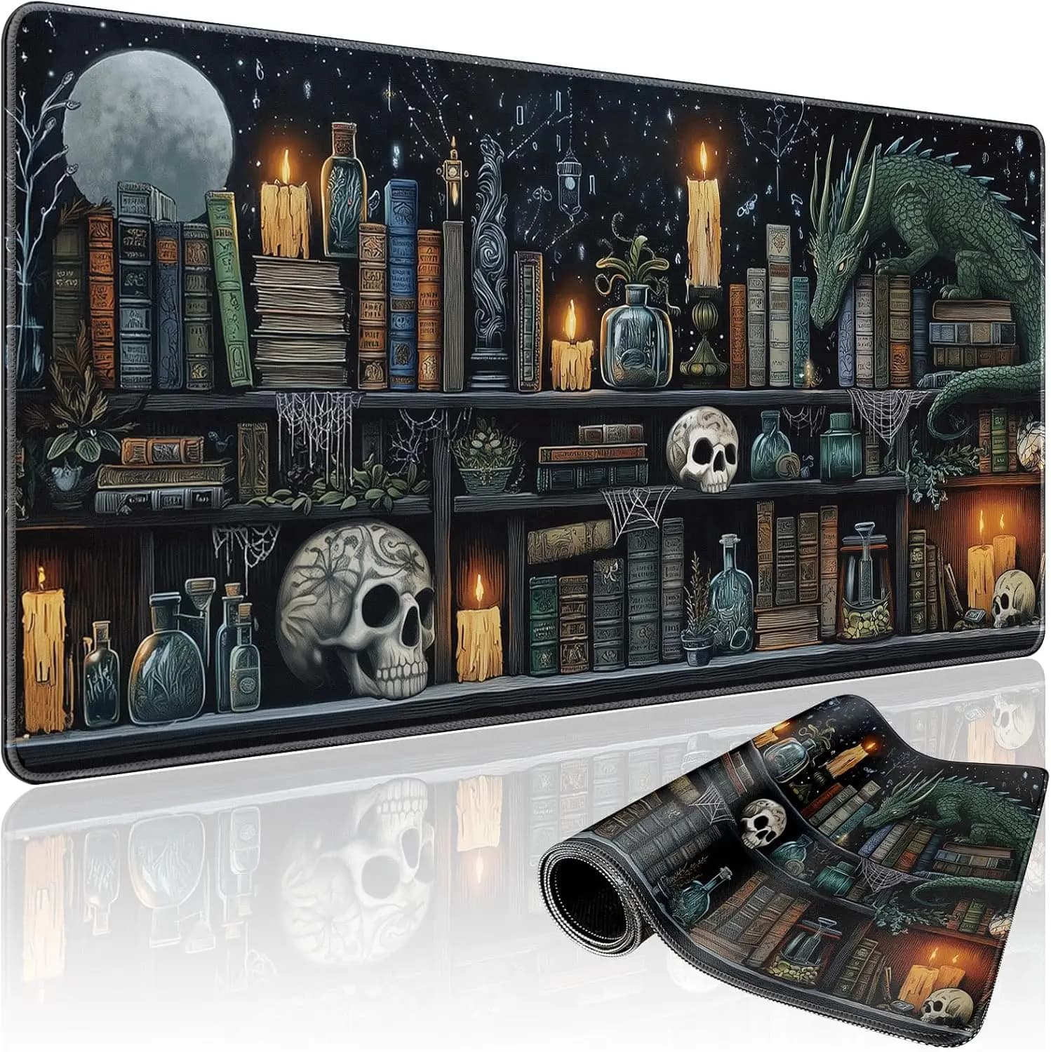 Tappetino per Mouse da Gaming Gothic Library Grande 31,5x15,7 Pollici, Base in Gomma Antiscivolo e Bordi Cuciti per PC/Laptop/Ufficio