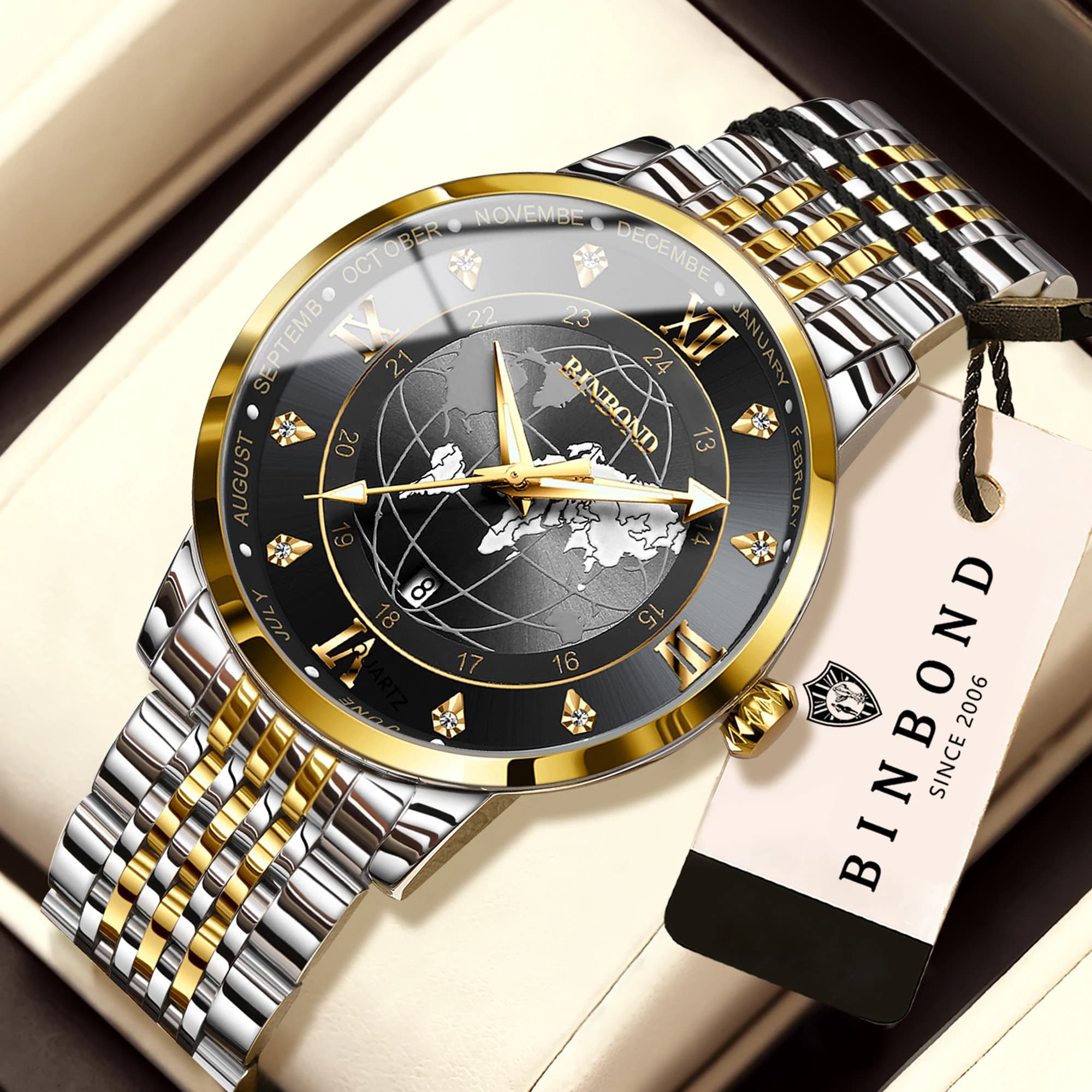 BINBOND Orginal Earth Auto Date Accurate Quartz Watches For Men Luxury Luminous Waterproof Men's Watch Casual Global Reloj