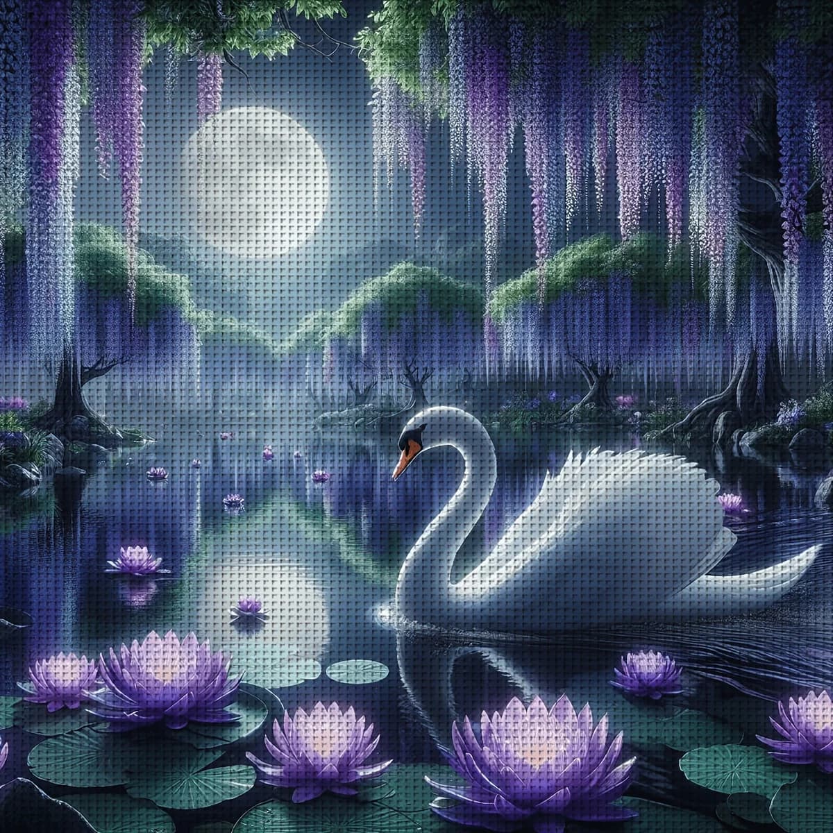 1PC 36X36cm/14.17X14.17inch, 11CT Print Cross Stitch DIY Kit, Moon Swan, Adult Beginner's Relaxed Cross Stitch