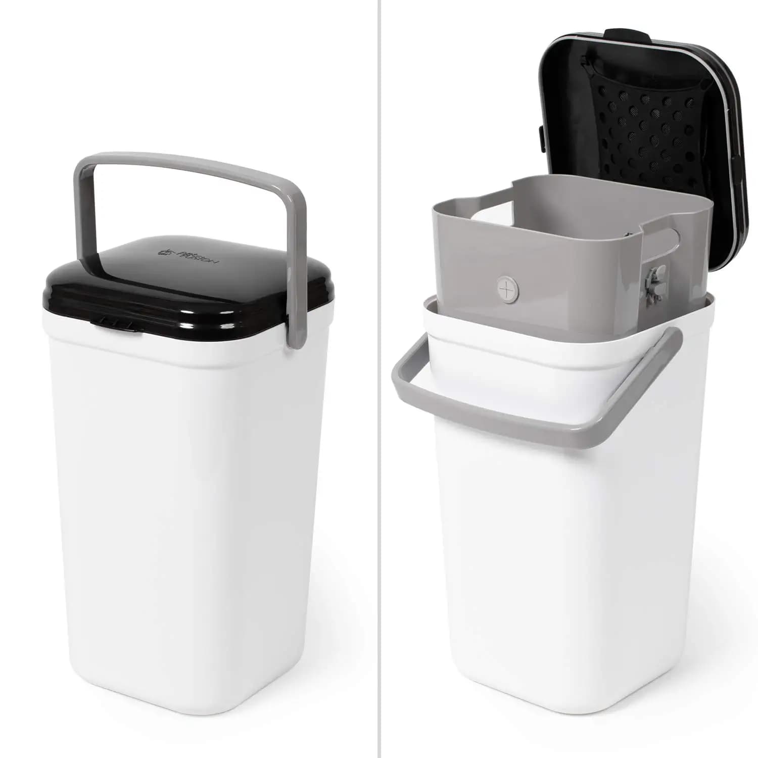 Contenitore Portatile per Lettiera per Gatti con Manico Bloccabile, Deodorante e Porta Sacchetti Integrato, Include 10 Sacchetti per Rifiuti in Bianco e Nero