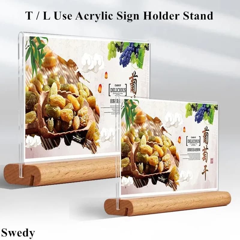 90x55mm T / L Utilizzare base in legno Supporto per cartello in acrilico Espositore Numero da tavolo piccolo Porta menu Etichetta prezzo Etichette per carte