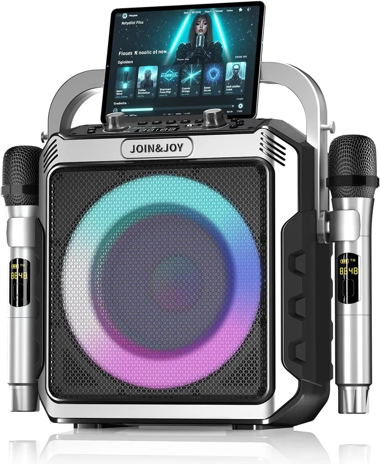 Macchina per Karaoke Portatile con Microfoni Wireless, Altoparlante Bluetooth, Luci LED, USB/AUX per Feste in Casa e all'Aperto