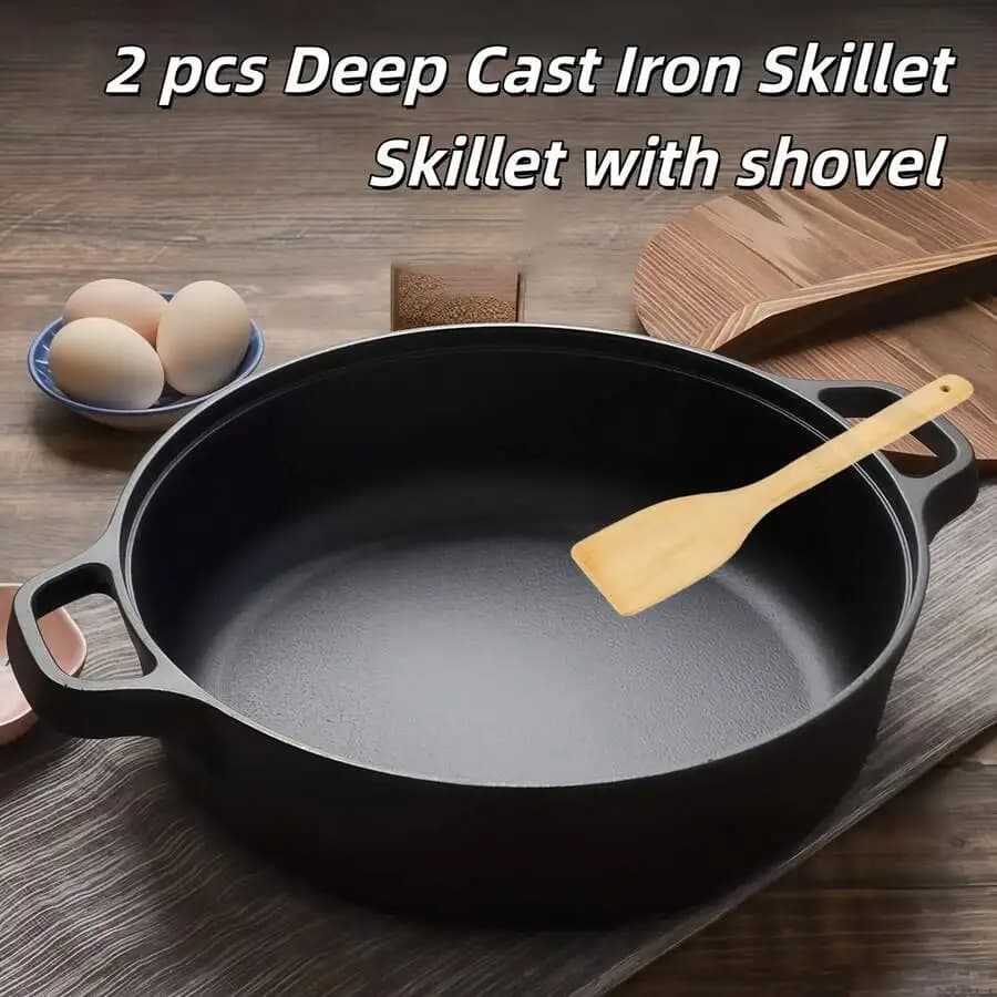 Set Dual Handles, Cast Iron Frying Pan With Spatula, Flat Bottom Skillet For Steak, Bread, Baking, Pizza, Stockpot, Outdoor Camp