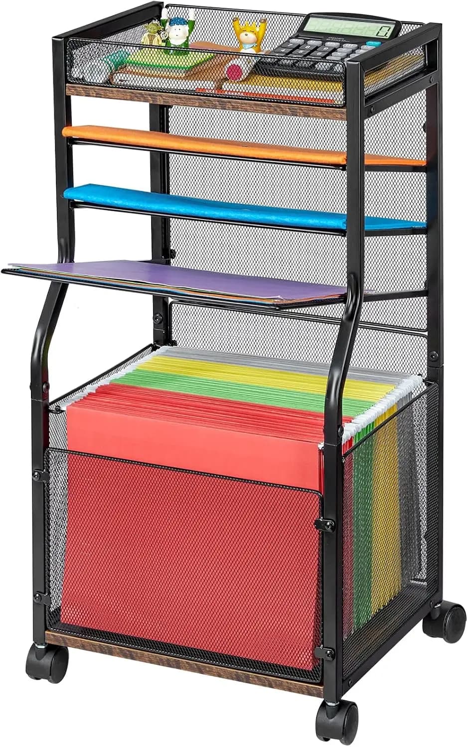 Carrello Portadocumenti a 5 Ripiani con Ruote Bloccabili, Organizzatore Mobile per Ufficio Casa Scuola, Design in Legno Nero e Rete