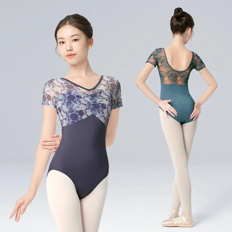 Body da balletto da donna Body da ballo floreale finto in due pezzi con scollo a V Maglia con giuntura Manica corta Body da ginnastica Costumi da bagno per balletto