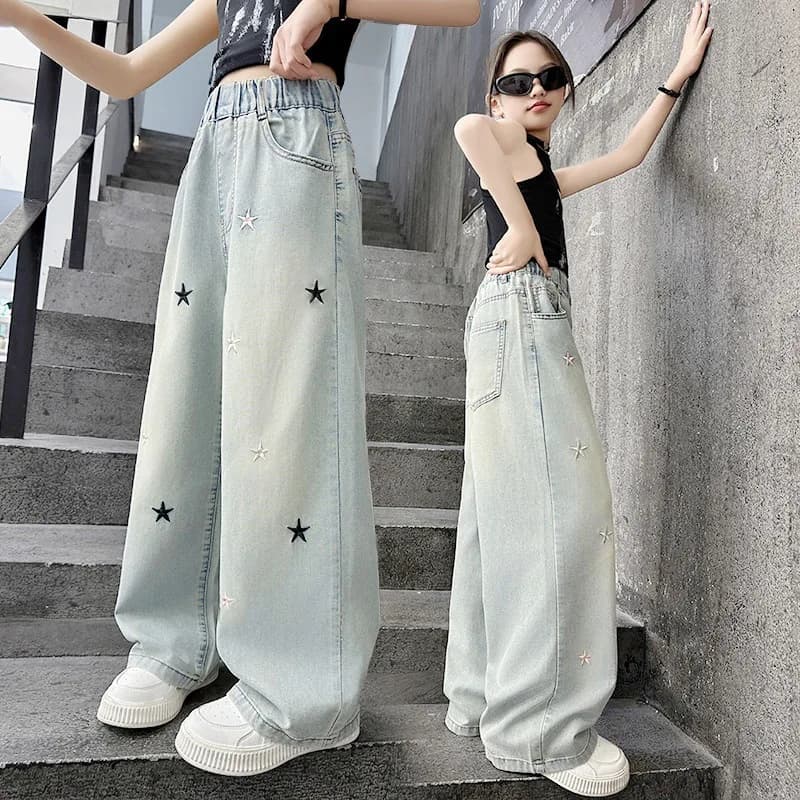 Spring Autumn New Girls Jeans Embroidery Five-pointed Star Loose Pants For 3-12 Years Teen Girls Stylish Denim Wide Leg Pants