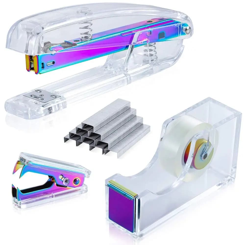 Acrylic Stapler Set for Desk, Home, and School: Multicolor 1000pcs 26/6 Staples with Tape Dispenser and Remover