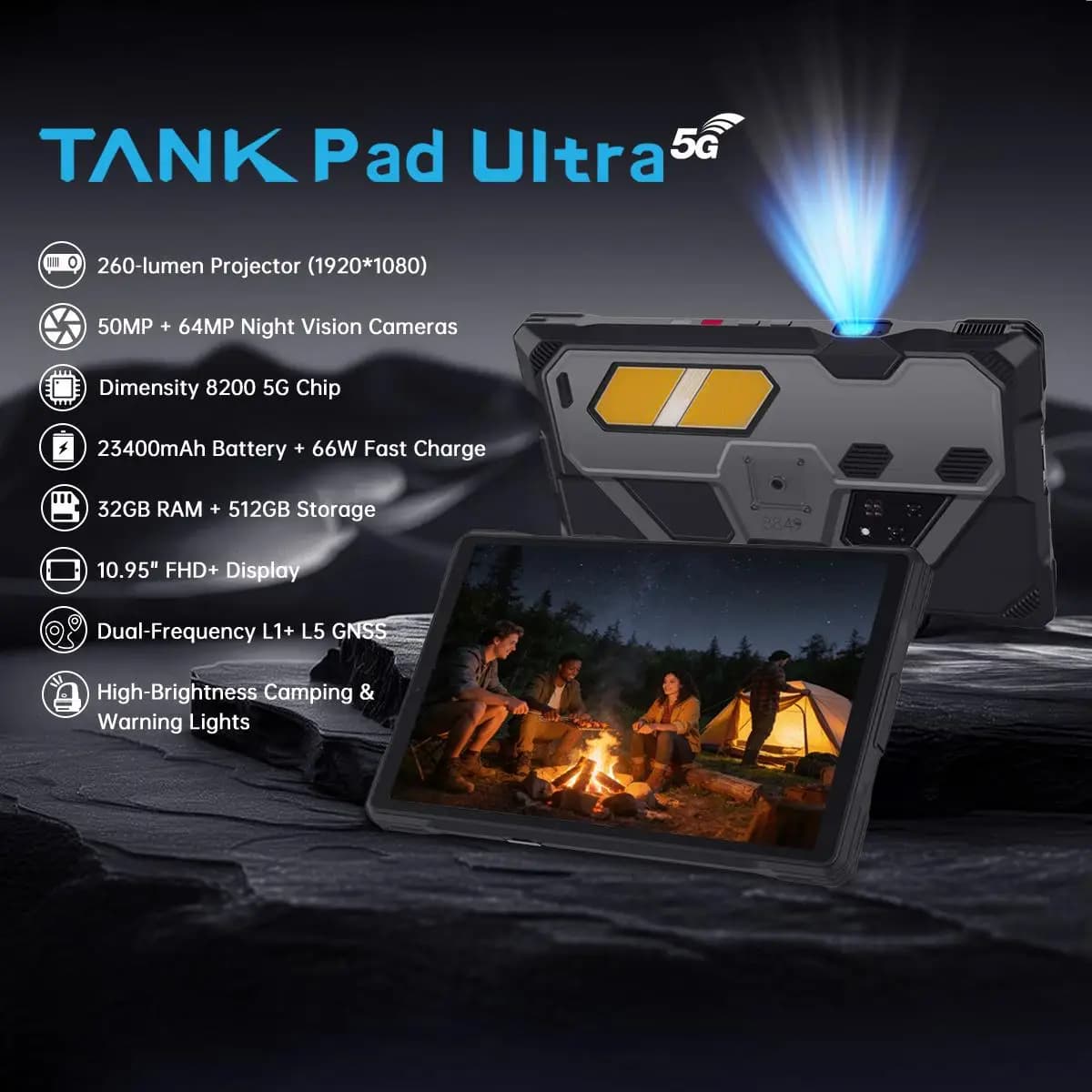 Unihertz 8849 Tank Pad Ultra Rugged Tablet PC Projector 5G 10.95" 120Hz 16GB 512GB 23400mAh Battery 50MP Camera Android 15 NFC