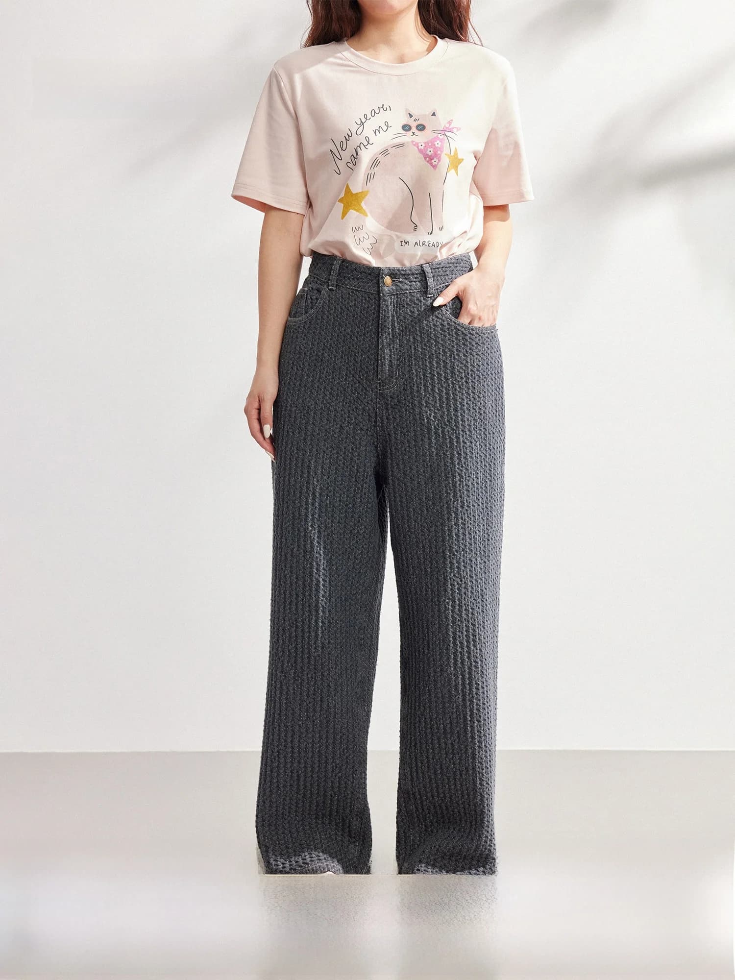 Jeans Plusmall Vintage Lavati Grigio Antracite a Gamba Larga con Vita Alta, Tessitura Testurizzata, Effetto Snellente, per Uso Quotidiano, da Donna