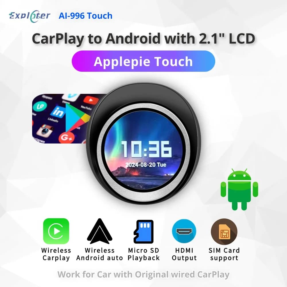 EXPLOTER ApplePie Touch CarPlay AI Box for OEM Wired Apple Carplay, 2.1" HD Touch Pad, Android 14, Dual WiFi, 4G Sim Card HDMI