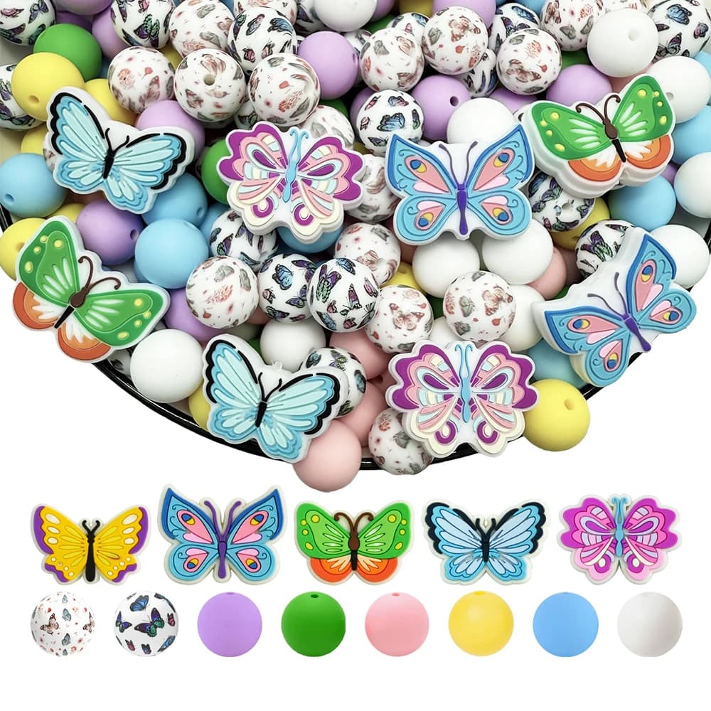 Set di perline in silicone serie farfalla colorate da 25/75 pezzi, perfetto per lavori artigianali fai-da-te come portachiavi, collane, braccialetti, ecc.