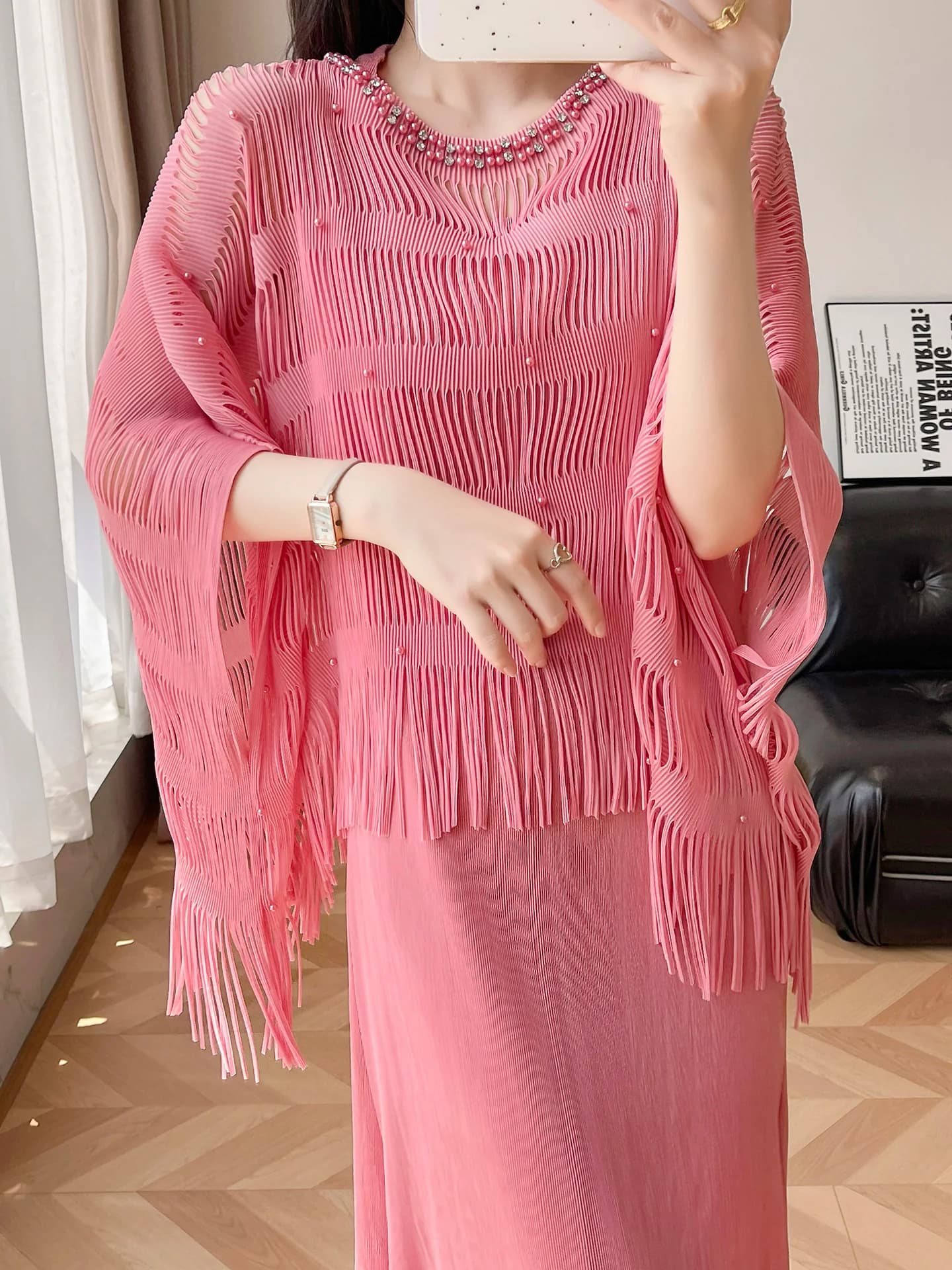 Beaded Shawl Fringed Pleated Dress Casual Style Two-Piece Set Lightweight Breathable Polyester Summer Fashion