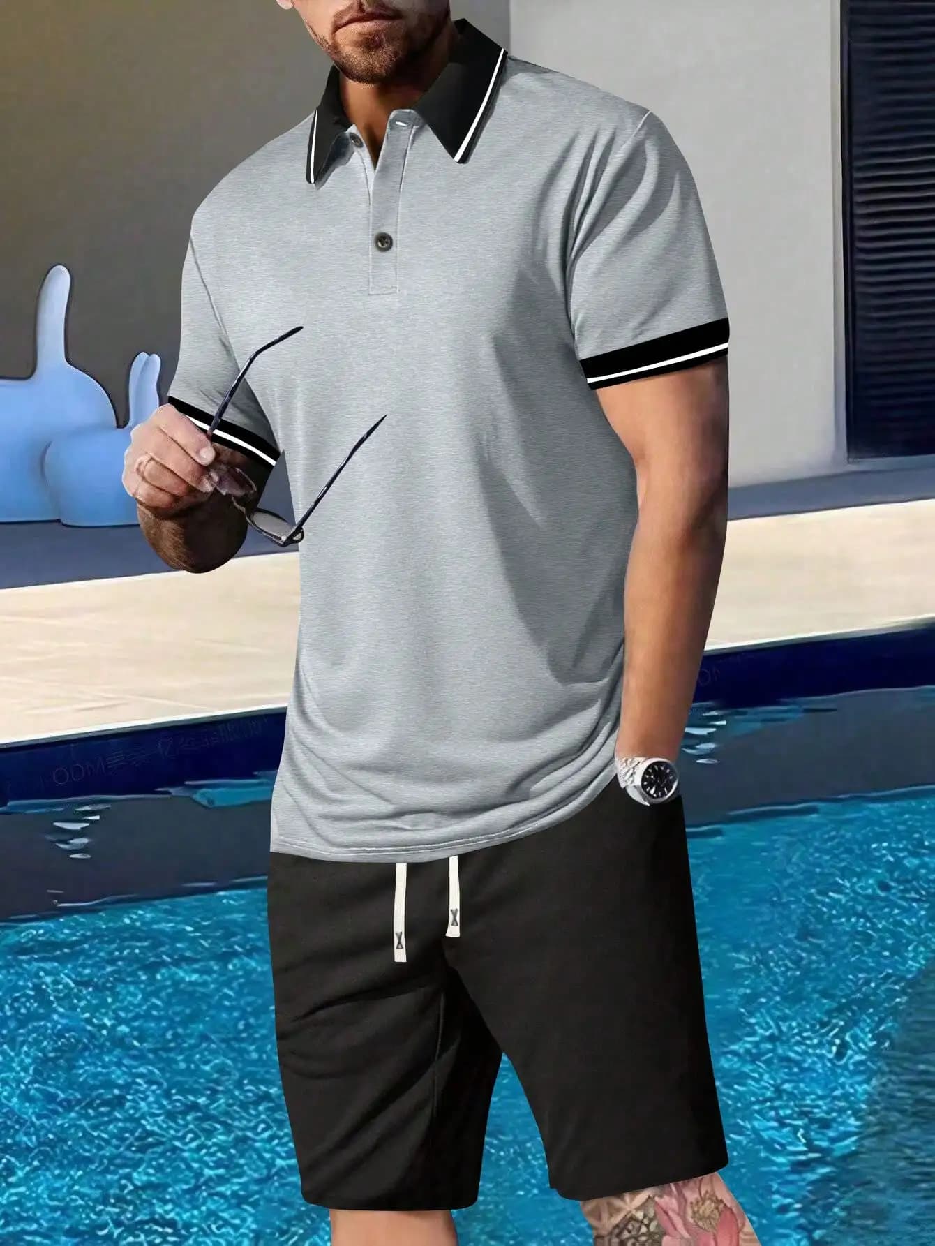 Set da Uomo 2 Pezzi: Polo Grigia e Pantaloncini Neri - Abbigliamento Sportivo Casual Estivo