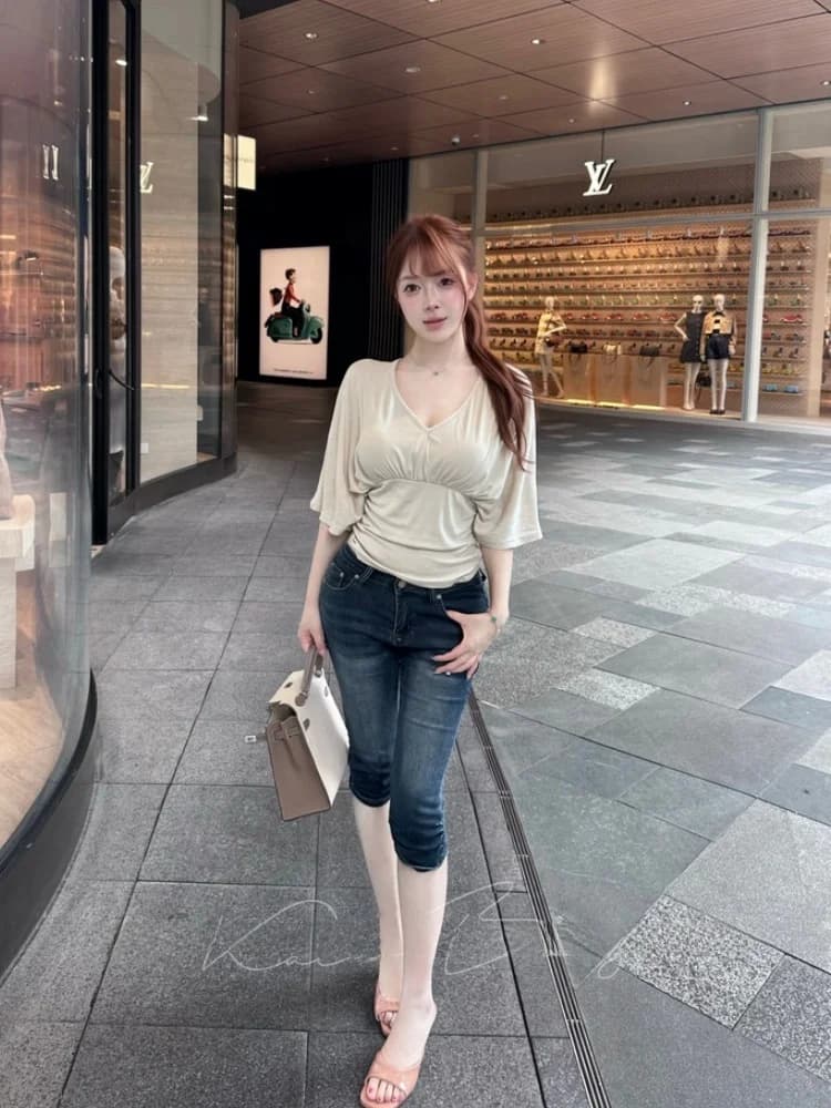 Korean Style Slim Fit Jeans High Waist Bootcut Pleated Seven Inch Pants Versatile Slimming Summer Ladies High Elasticity