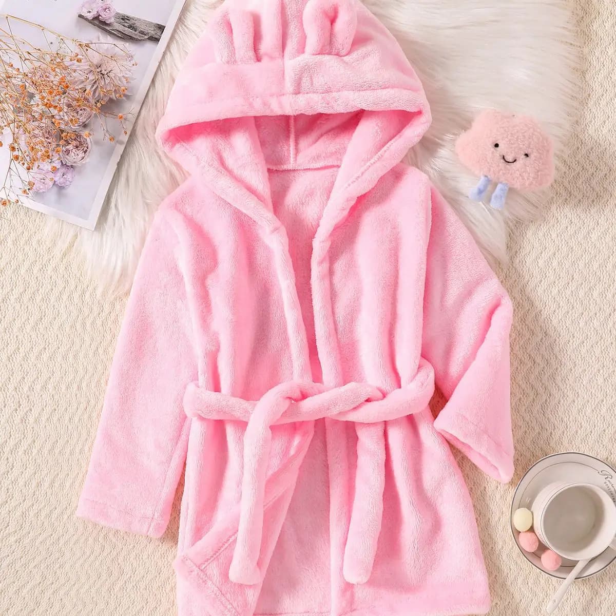 Autumn Kids Flannel Fleece Hooded Bathrobe, Cute Bear Ears Warm Sleep Robe, Soft Plush Toddler Bath Robe for Boys Girls