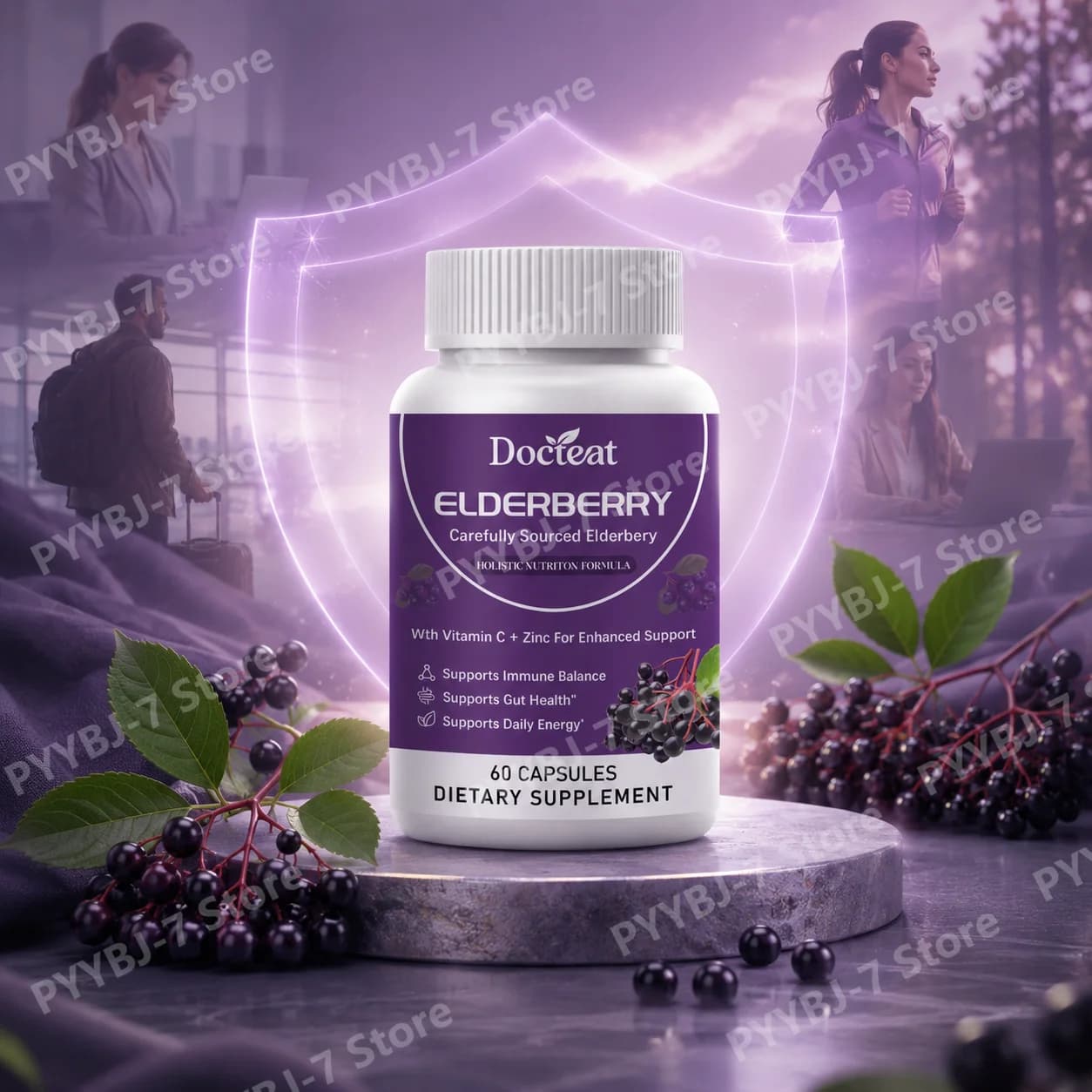 Elderberry Vitamin C Zinc Capsules 60 Count, Vegetarian Daily Nutrition Supplement for Men & Women