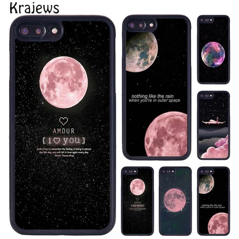 Krajews Pink Plain Vintage Luna Outer Space Phone Case For iPhone 17 Air 16 15 14 11 12 13 Pro MAX Plus coque