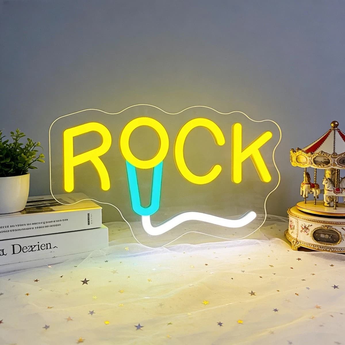 Insegna al Neon ROCK con Luce LED Gialla e Blu a Onda per Camera da Letto, Decorazione per Feste in Casa, Arte Murale Artistica, Regalo Unico