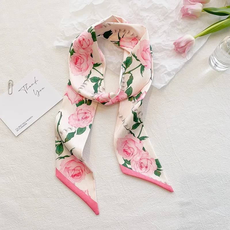 Pink Long Striped Small Silk Scarf Pink Decorative Scarf for Hair Tied With Women's Hair Band