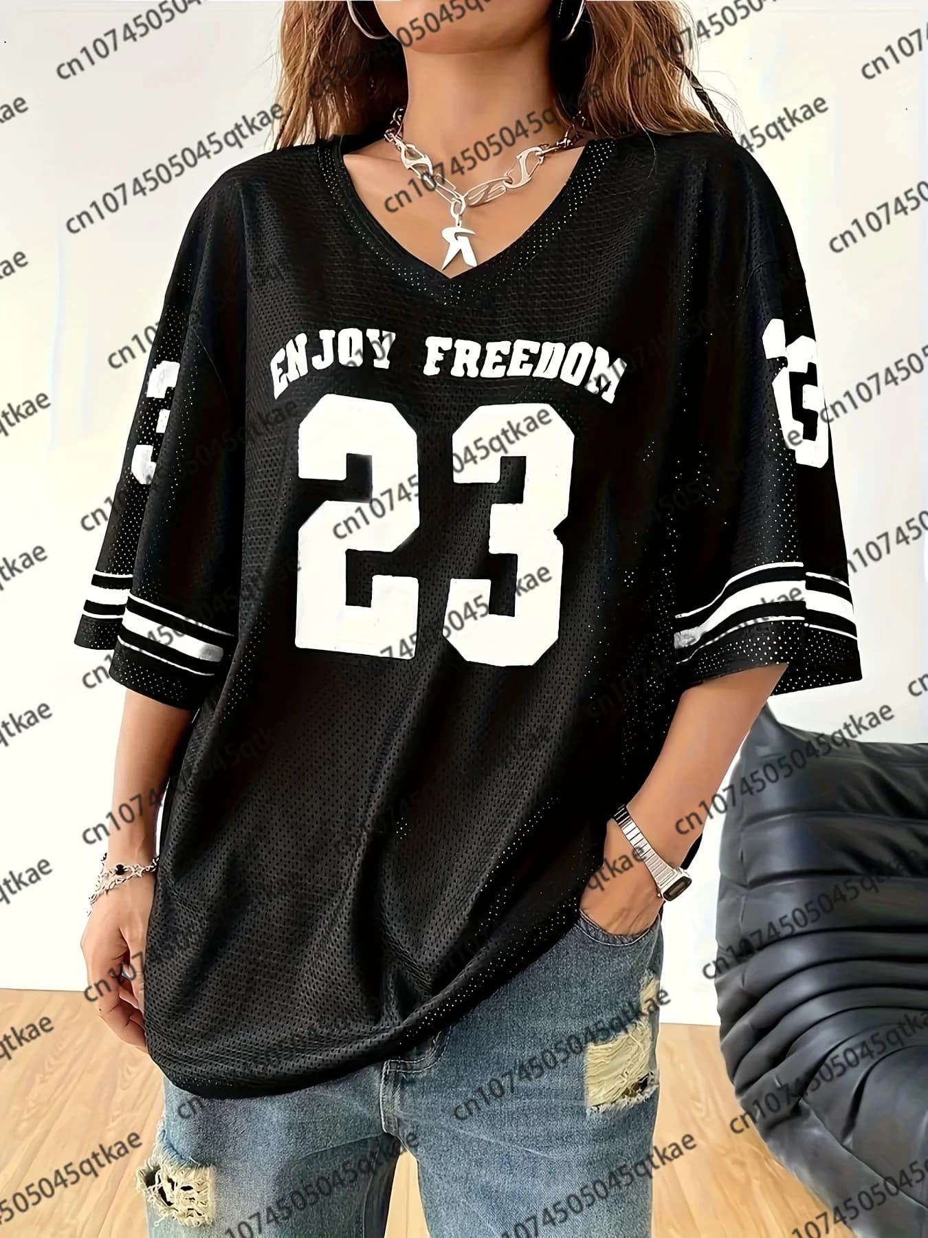 Enjoy Freedom 23 Print TShirt for Women Summer New Black V-neck Short Sleeve Mesh Sport Soccer Jersey Y2K Tee Clothing Women