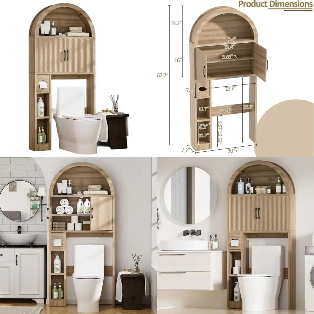 Mobile da Bagno Autoportante in Legno con Spazio Sopra il WC, Organizzatore con Ripiani, Portarotolo e Funzione Anti-Ribaltamento