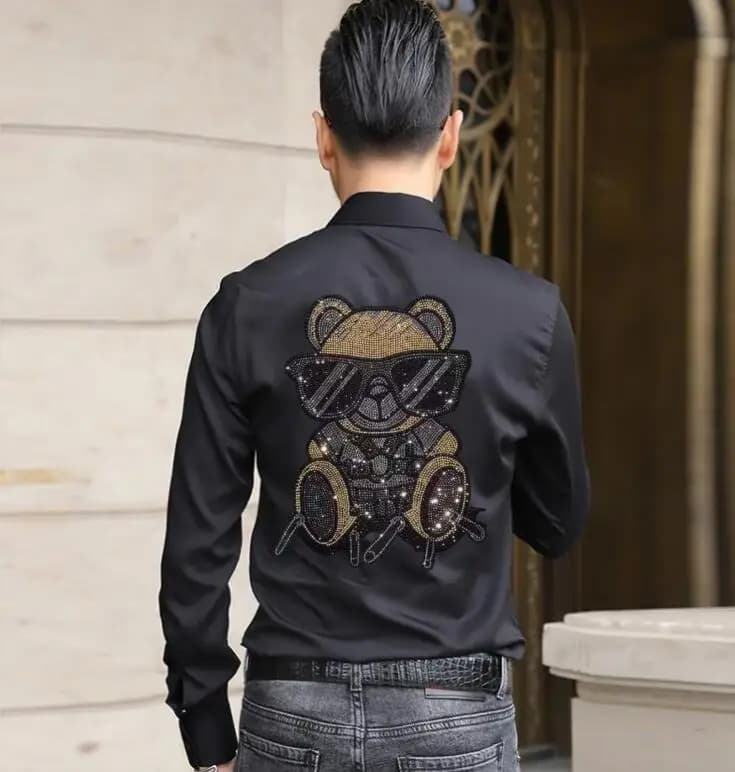 Camicia slim fit a maniche lunghe moda streetwear da uomo Solido casual con strass Abito sociale abbigliamento maschile