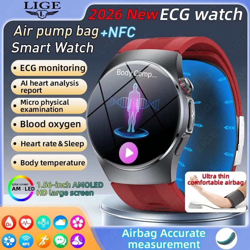 LIGE Airbag Air Pump Smart Watch Men True Blood Pressure Measurement ECG Blood Oxygen BT Call NFC SmartWatch For Man Android iOS