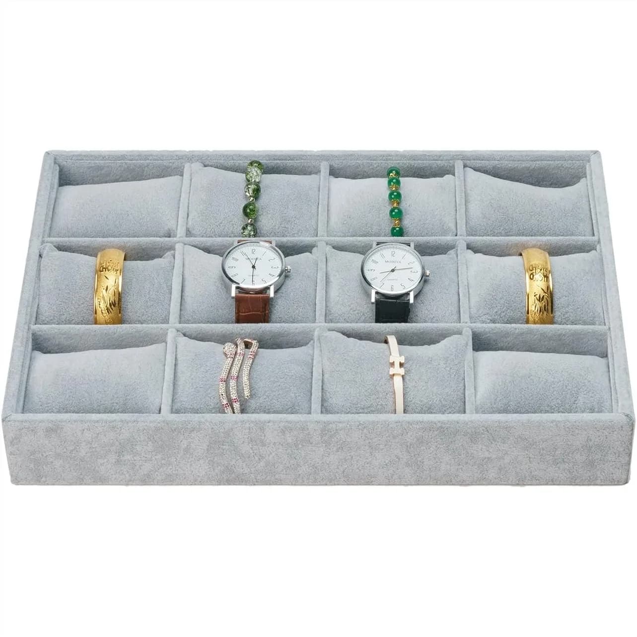 Vassoio Porta Orologi con 12 Scomparti, Organizzatore in Velluto Grigio per Orologi e Bracciali, Espositore Impilabile