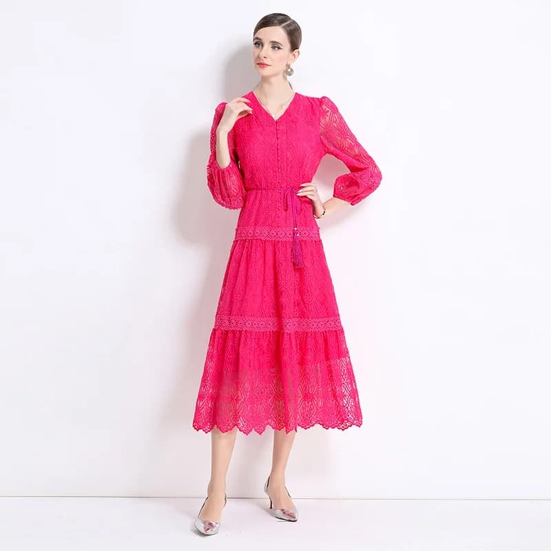 Elegant Lace V-neck Lantern Sleeve Dress Women's Single Button Slimming Skirt Long Dress Polished Sensation Name Lady