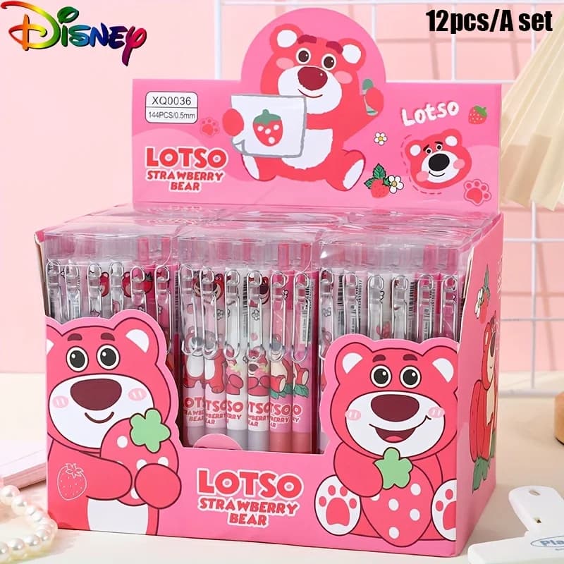 Toptoy Disney 12pcs Strawberry Bear Set, Creative Pink Bear Press-Type Click Gel Pen, Black Signature Pen, Smooth Writing