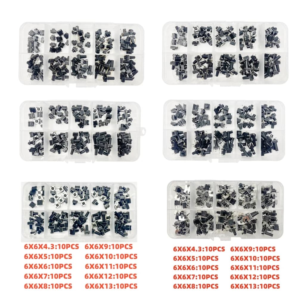 100 PCS 10 Models 6*6 Tact Switch Tactile Push Button Switch Kit Height: 4.3~13MM DIP/SMD 2 Pin/4 Pin Micro Key Switch 6x6x5mm