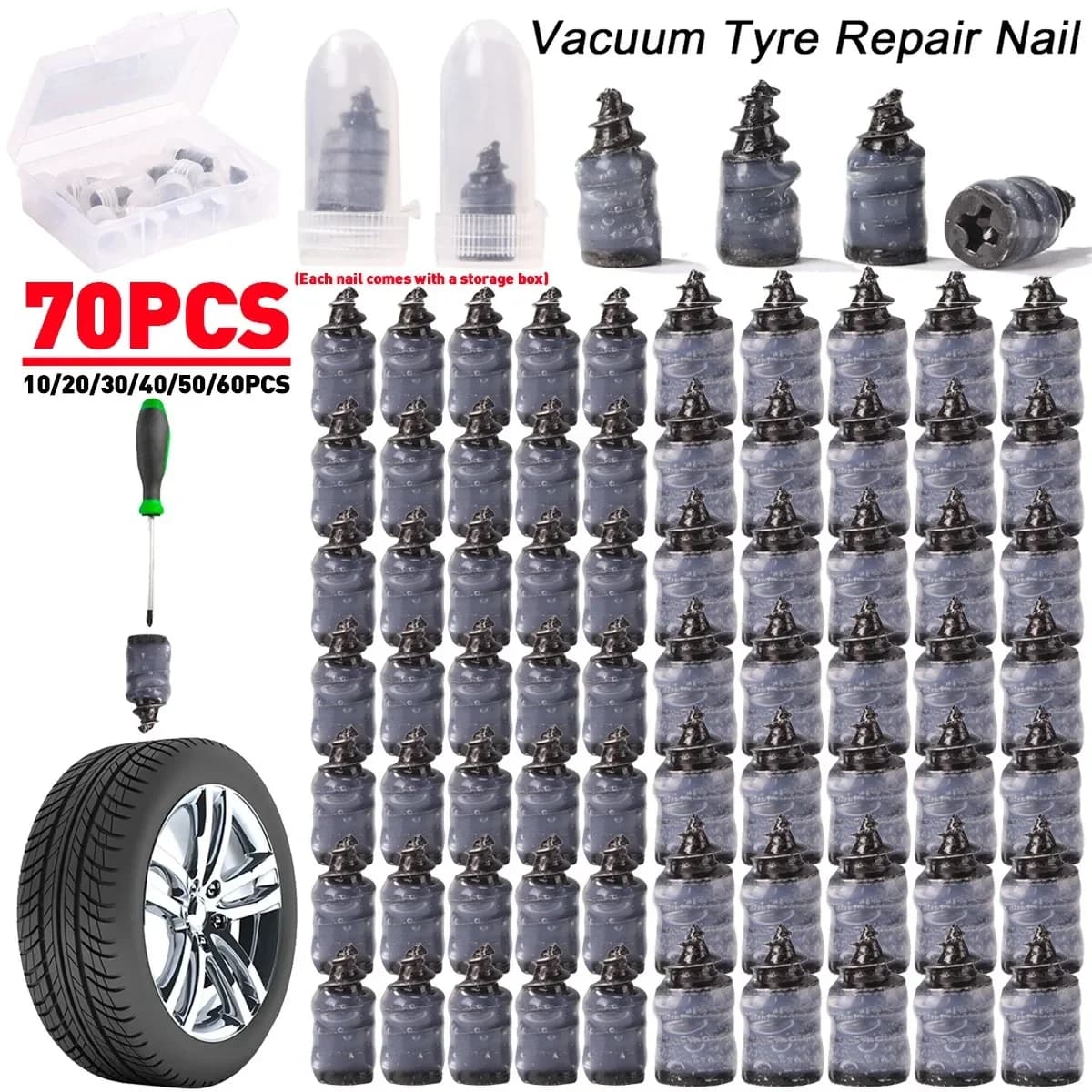 70-10PCS Set di riparazione pneumatici sottovuoto universale per auto moto scooter kit di riparazione pneumatici tubeless in gomma chiodi per pneumatici di riparazione senza colla