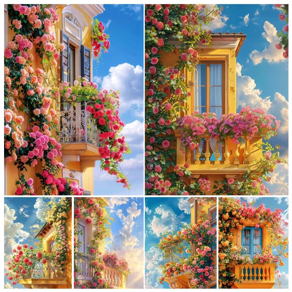 Painting by Numbers Kit Hand Paint Flowers On The Balcony Scenery DIY Oil Painting Acrylic Artwork Art Gift Home Decoration