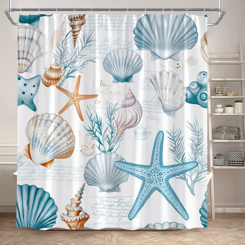 Tende da doccia nautiche con conchiglie blu, alghe e stelle marine, set tenda da bagno in tessuto di poliestere, decorazione per il bagno con ganci