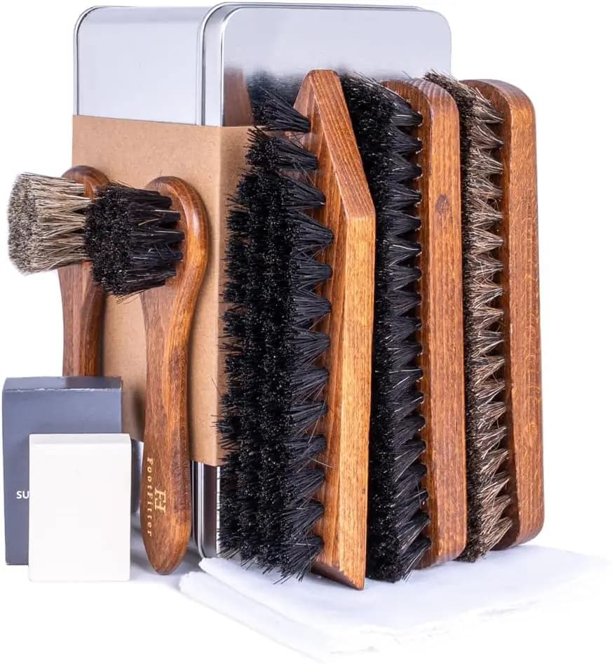 Set di Spazzole Professionali per la Cura delle Scarpe, Spazzole Premium in Crine di Cavallo per Lucidatura, Gomma per Camoscio, Spazzola Rigida per Pulizia
