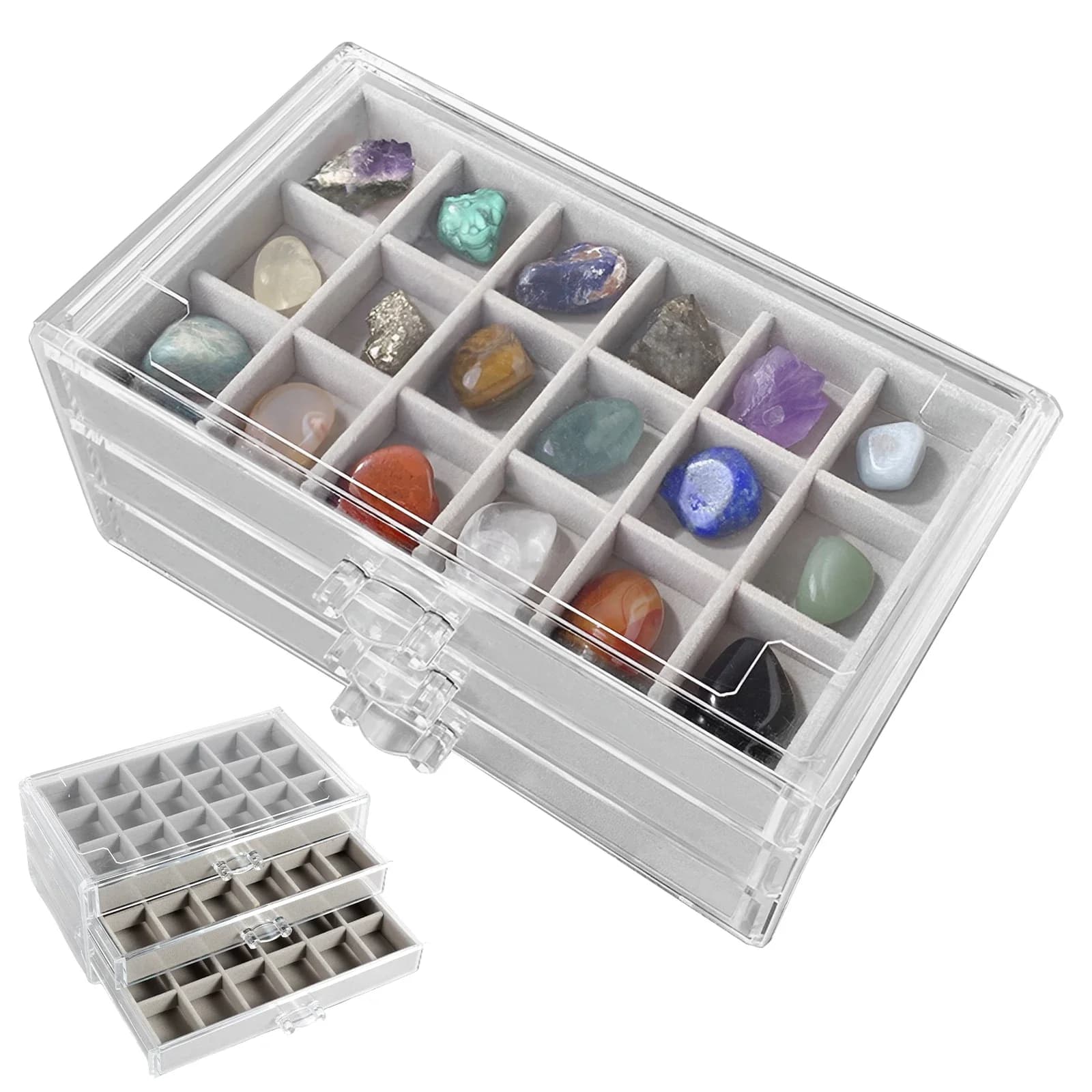 Rock Display Case 3 Drawers Rock Collection Box Clear Crystals Display Case Durable Gemstone Rock Storage Case for Kids Rocks
