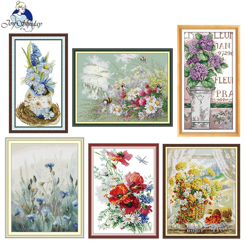 Stamped Cross Stitch Kit Canvas 14 /16 /11CT Embroidery Set for Beginner Joy Sunday Gift Art Wall Decor Daisies and Clover