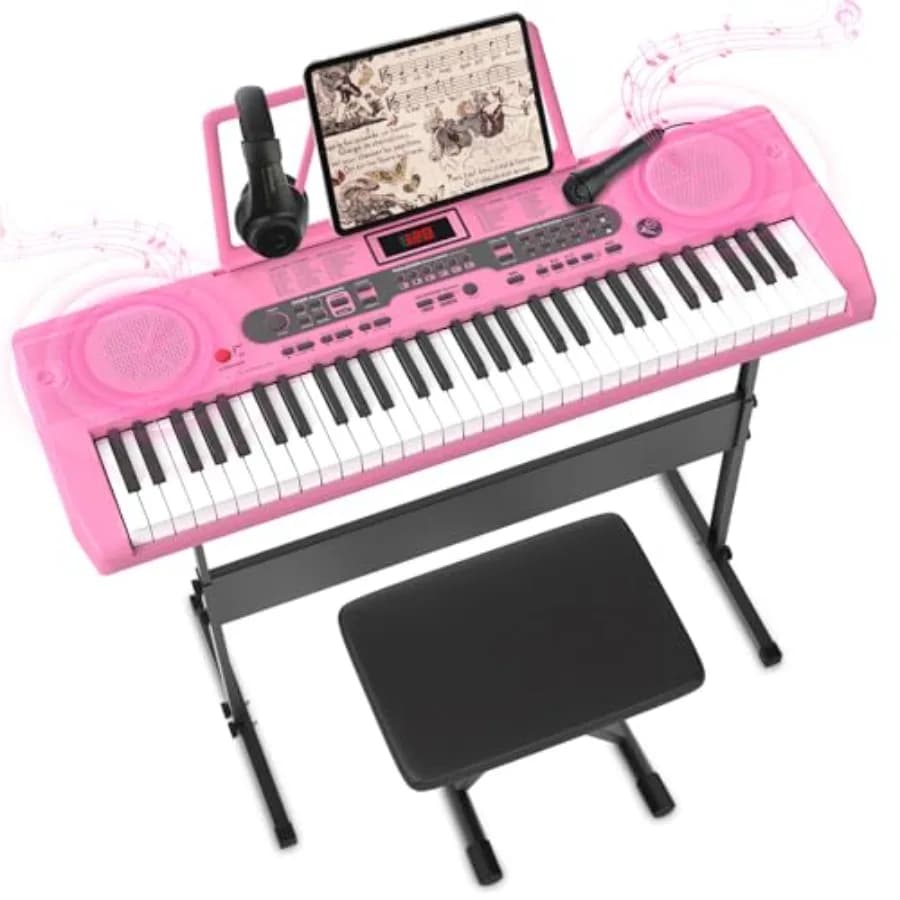 Beginner's 61-key electric piano keyboard with stand, bench, microphone, headphone, sheet music stand, LED screen, 200 tones, t