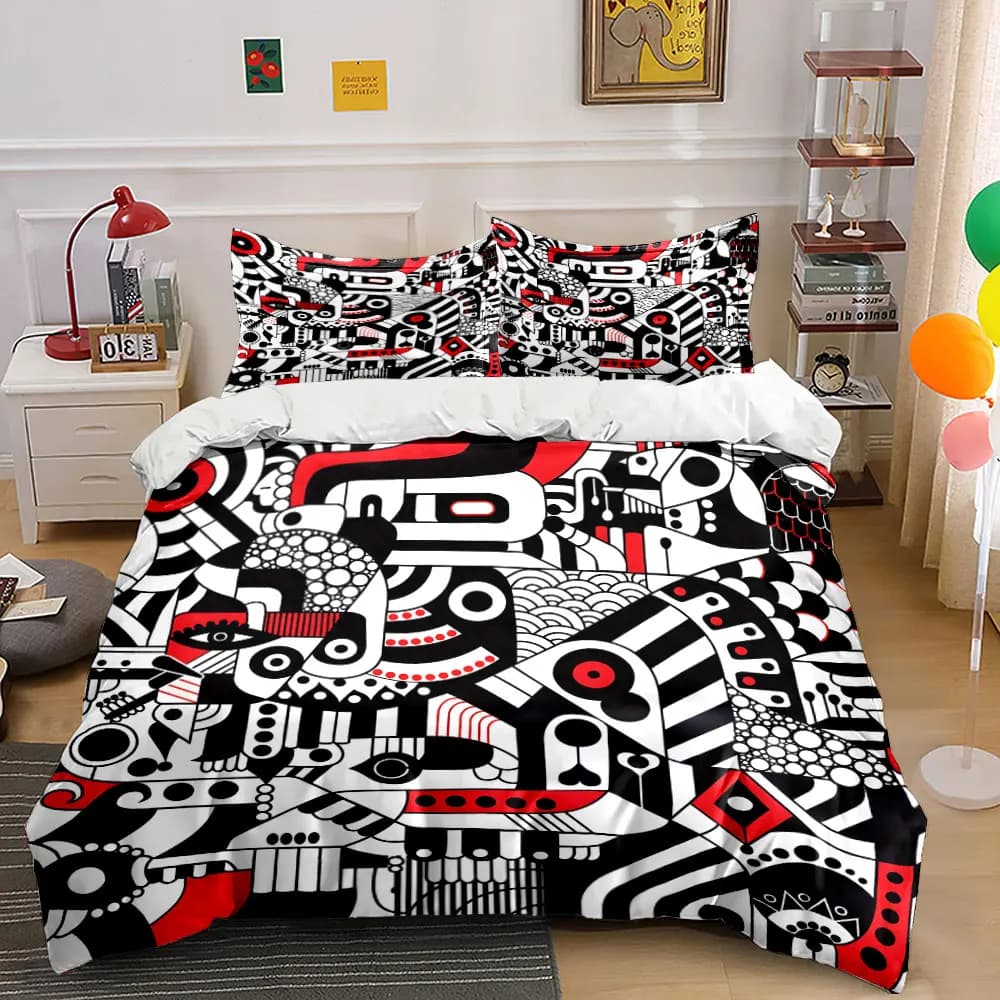 Abstract geometric red-black-white art Print Bedding Set 1 Duvet Cover 2 Pillowcases for Adult and Children Luxury Gift
