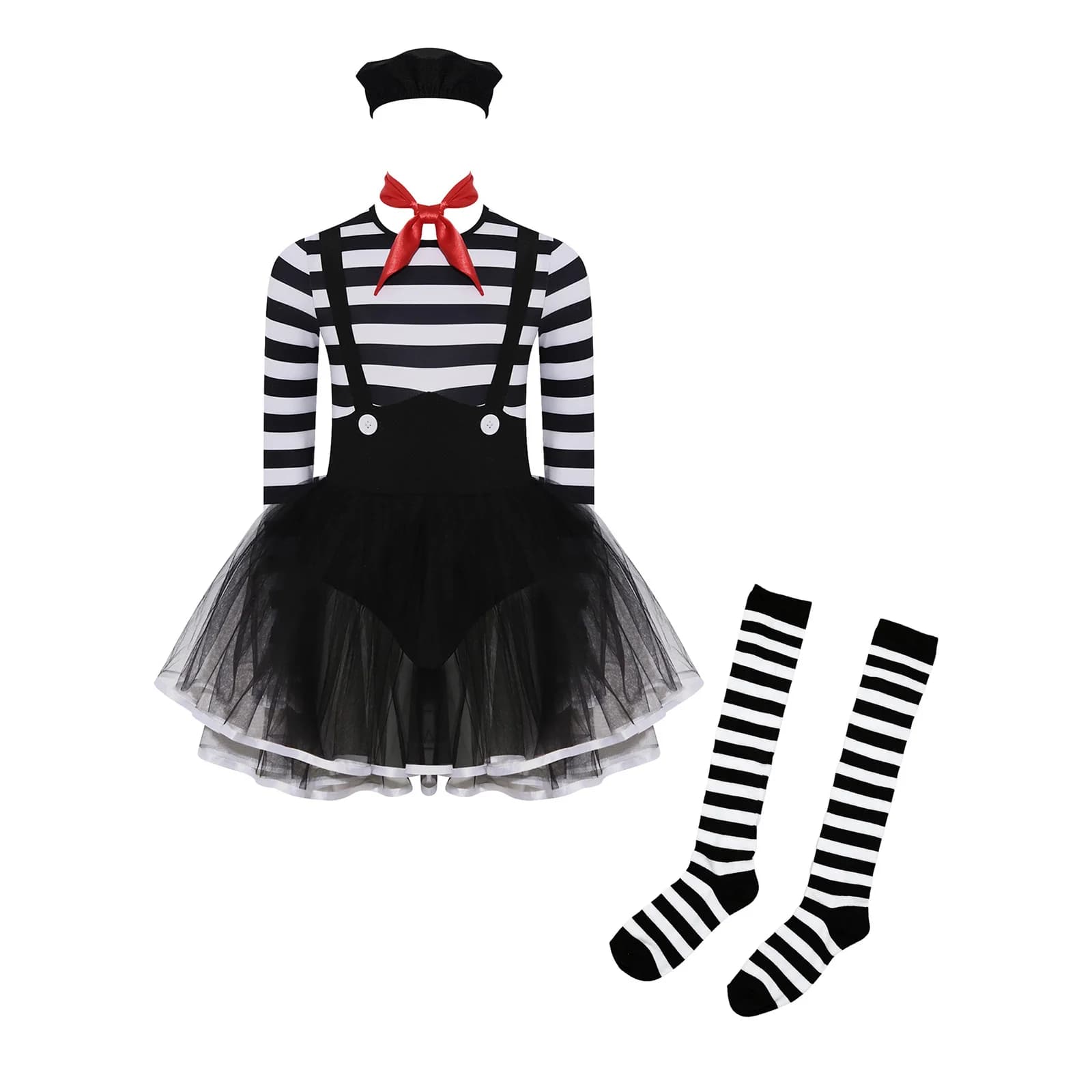 Girls Art Movie Wicked Clown Jester Role Play Costume Long Sleeve Mesh Tutu Dress with Hat Neck Scarf for Halloween Circus Party