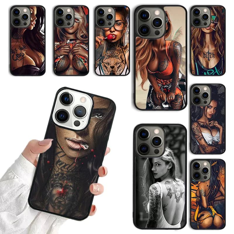 Custodia per telefono ragazza tatuaggio manica Sexy per iphone 16 15 14 12 13 mini PLUS XS XR 11 PRO MAX Back Fundas coque Cover Shell