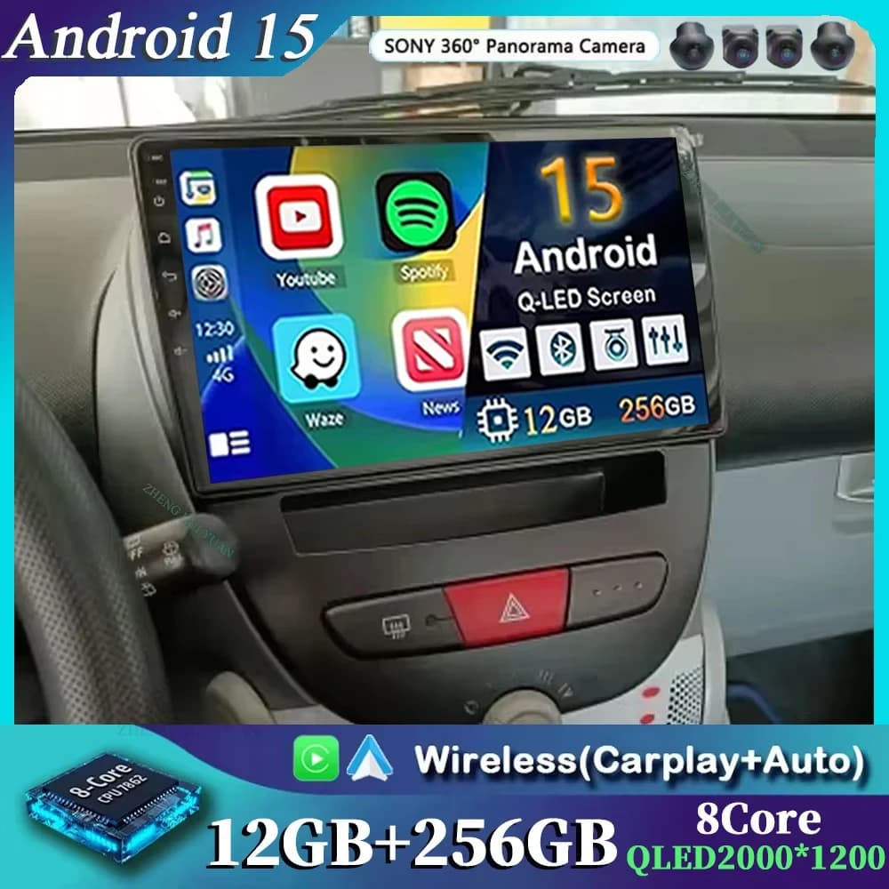 For Peugeot 107 For Toyota Aygo 2005 - 2014 Android 15 12+256GB CarPlay Auto Car Radio Multimedia Video Player GPS stereo Head