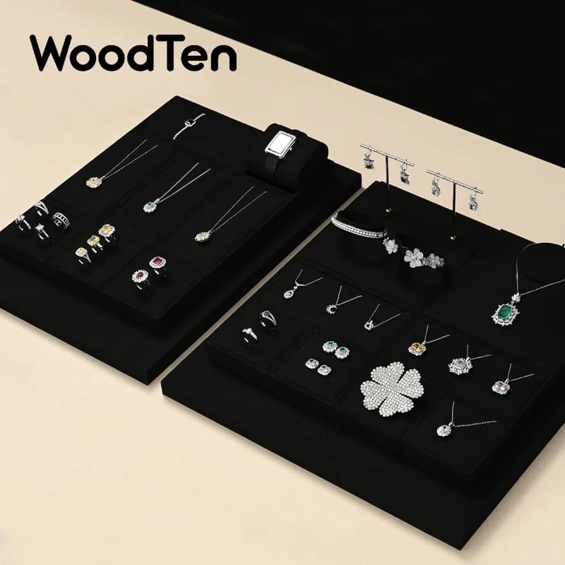 WoodTen Light Luxury Jewelry Display, Black Microfiber Earrings, Necklace, Watch, Ring Counter, Jewelry Display