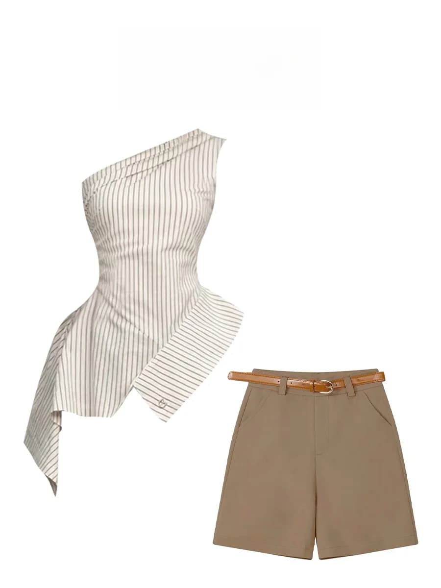 Parkyeon Slimming Short Shorts Set Irregular Striped Tube Top And Shorts Summer Two Piece Set Women's Fashion Casual Wear
