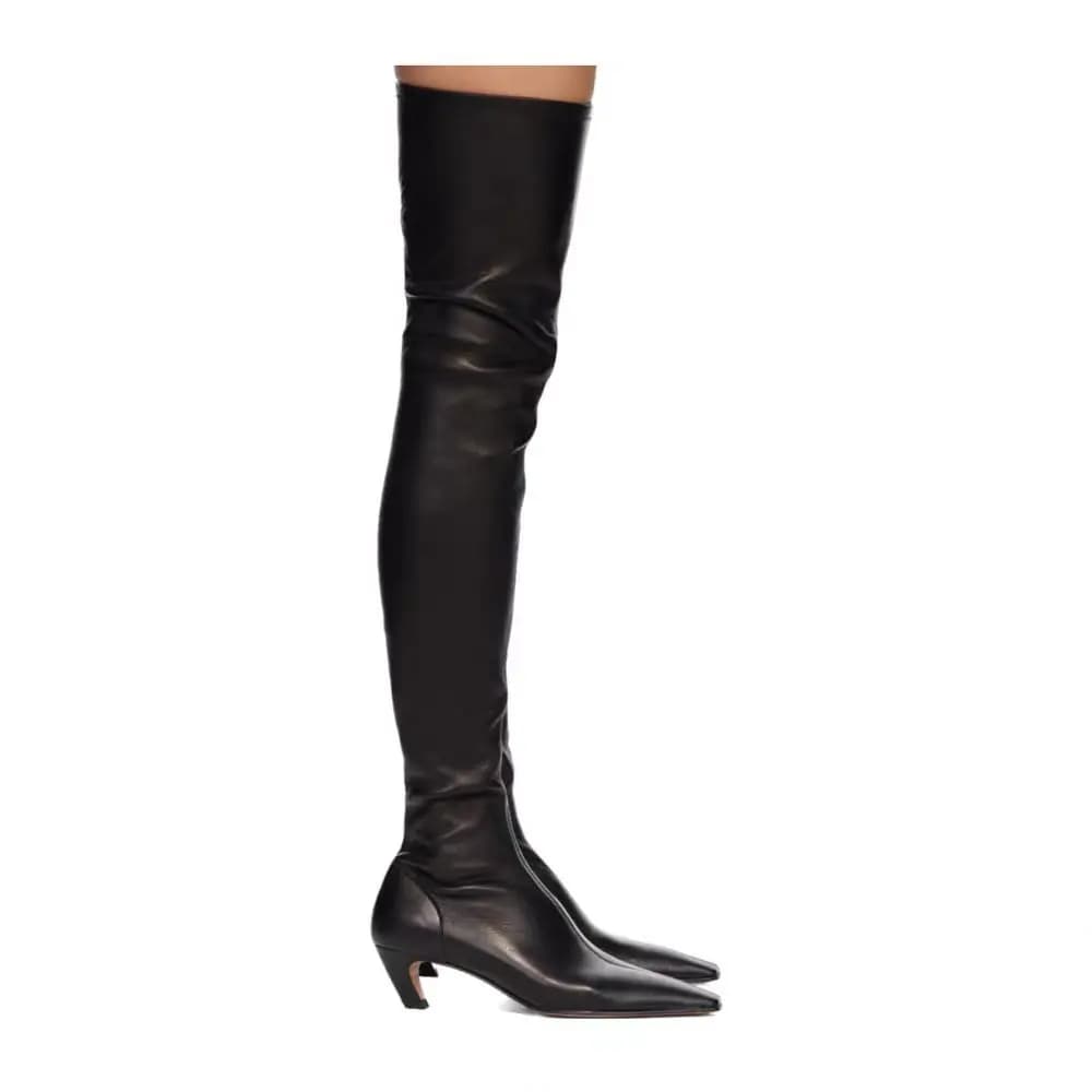Nuovi Stivali Neri Sopra il Ginocchio con Punta Quadrata e Tacco Medio, Sexy e Aderenti, Stivali Elastici per Donna