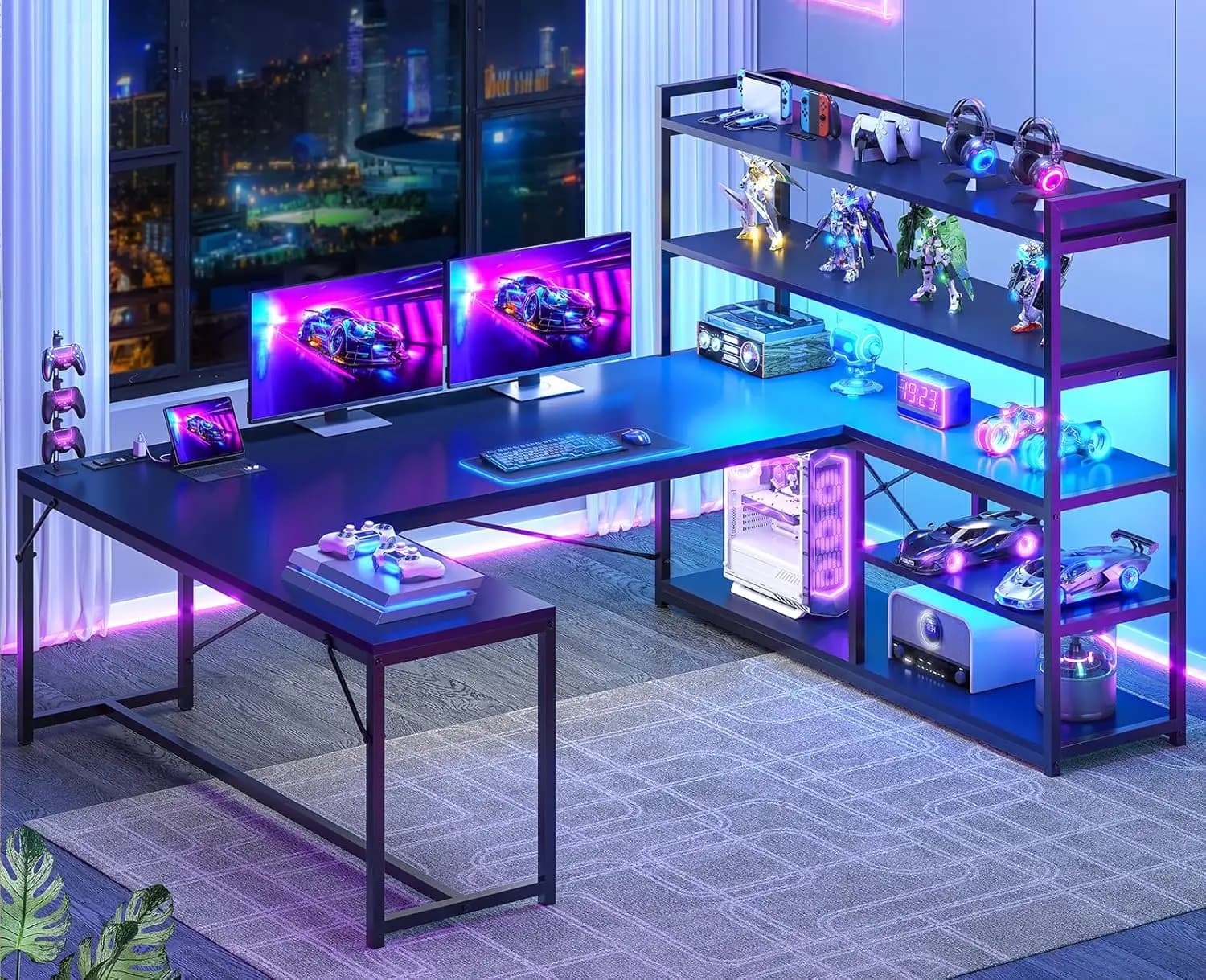 Scrivania da Gaming a L, 63'' Reversibile con Presa di Corrente e Ripiani Portaoggetti, Scrivania Angolare per Gaming, Personalizzabile