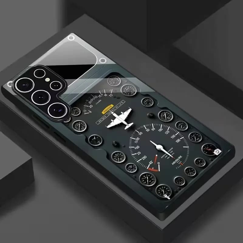 Aircraft Control Panel Pattern Black Tempered Glass Phone Case For Samsung Galaxy S25 Ultra S24 FE S23 Plus Ultra FE Cover Cases