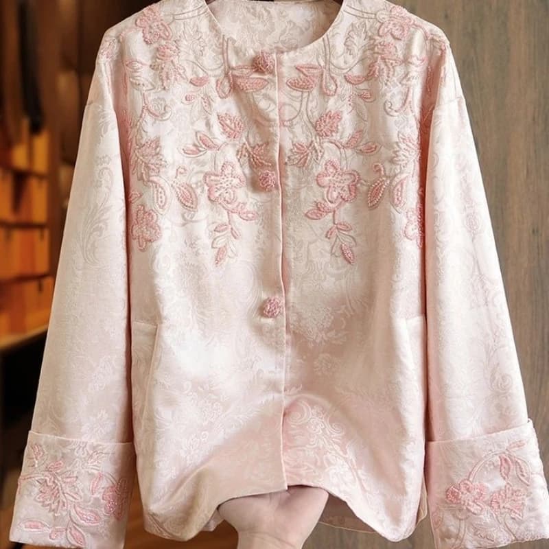 2025 Primavera Autunno Donna Cinese Tang Costume Ricamo Perline Dobby Floreale Nero Beige Cappotto, Cappotti Jacquard per Abiti Donna