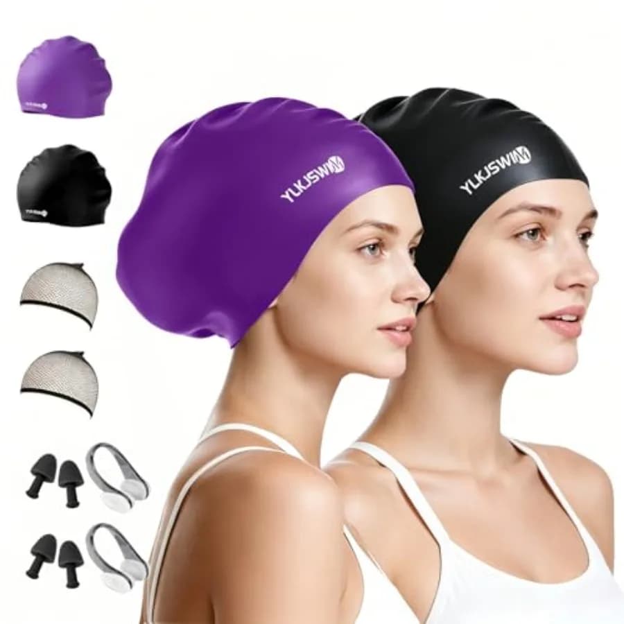Large Swim Cap for Long Hair Women Men, 2 Pack Waterproof Silicone Pool Swimming Cap for Adult with Braids, Dreadlocks, Long Th